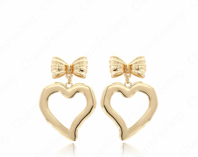 Dainty Love Earrings, Bow Studs Earrings,18K Gold Filled Heart Earrings, Gift for Her,DIY Jewelry Accessories,39x26.5x2mm