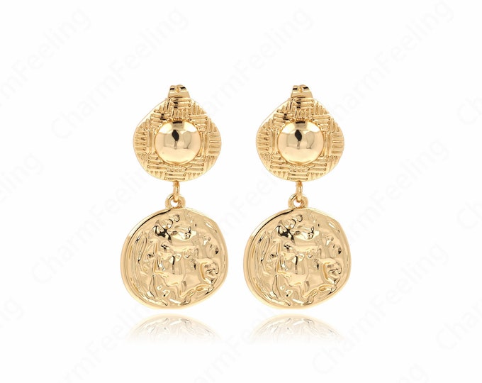 Drop Stud Earrings, 18K Gold Filled Bohemian Stud Earrings, Round Earrings, Thick Gold Earrings, Gift for Her, 41x21x1.6mm