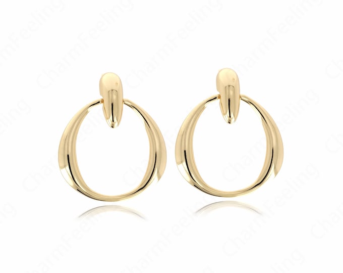 Drop Stud Earrings, 18K Gold Filled Bohemian Stud Earrings, Round Earrings, Thick Gold Earrings, Gift for Her, 47.5x39x3mm