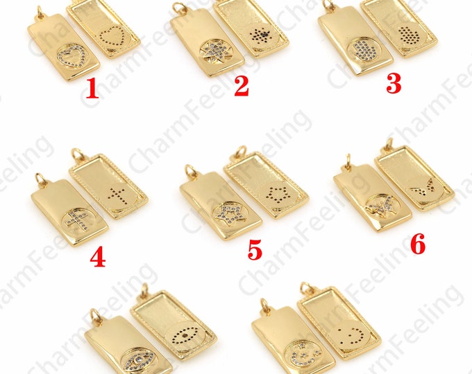 Cubic Moon Star Butterfly Demon Eye Dog Tag Pendant, Celestial CZ Medal Pendant, Heart Shaped Cross Necklace 31.7x12.5×2.4mm 1pcs