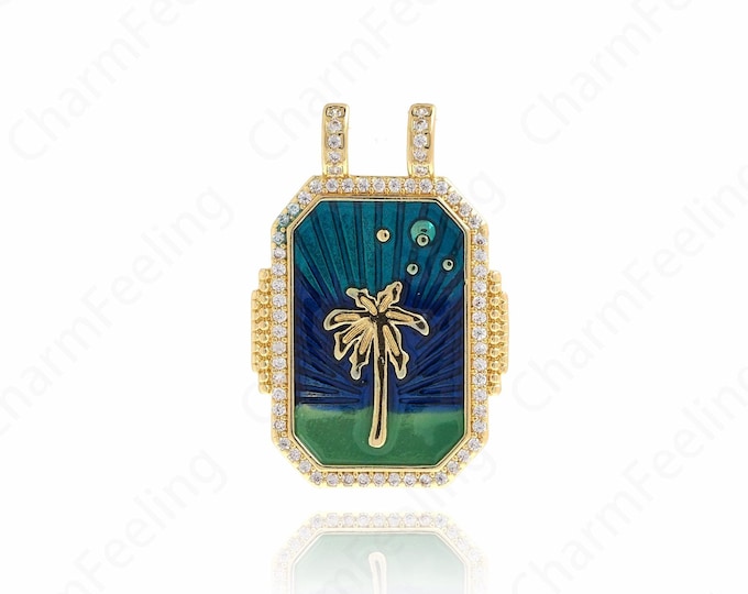 Plant Necklace,Square Palm Charm,18K Gold Filled Enamel Charm,Tree Pendant,DIY Jewelry Making Accessories,33x22x4.7mm