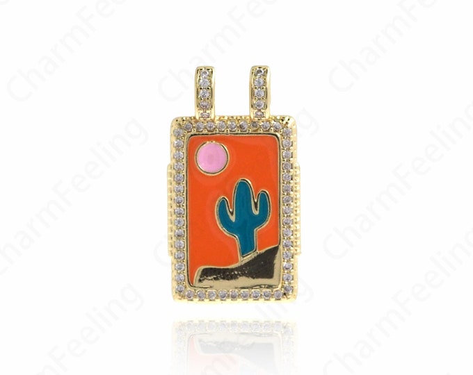 18K Gold Filled Enamel Cactus Pendant,Desert Charm,Micropavé Zirconia Square Charms DIY Jewelry Making,27x15x4.7mm