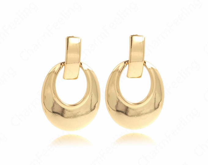 Round Earrings, 18K Gold Filled Bohemian Stud Earrings, Drop Stud Earrings, Thick Gold Earrings, Gift for Her, 42x26x3mm