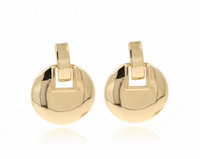 18K Gold Filled Bohemian Stud Earrings, Round Earrings, Drop Stud Earrings, Thick Gold Earrings, Gift for Her, 41x32x2mm