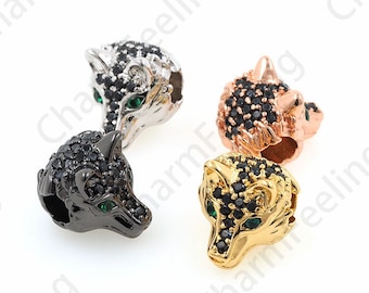 Micro-Pave Wolf Head Spacer Perles, Wolf Head Bracelet, Wolf Head Charm, Wolf Head Spacer Perles 15x12.4x13mm 1pcs
