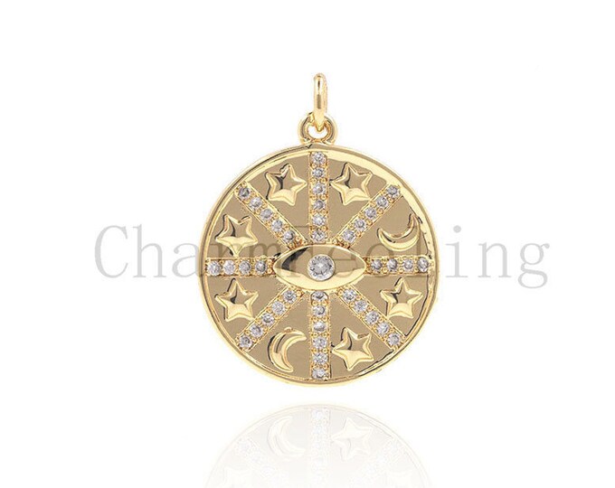 18K Gold Filled Good Luck Pendant, Round Coin Necklace, Coin Charm, Micropove CZ Good Luck Charm, DIY Jewelry Accessories 26x20.2x2.3mm