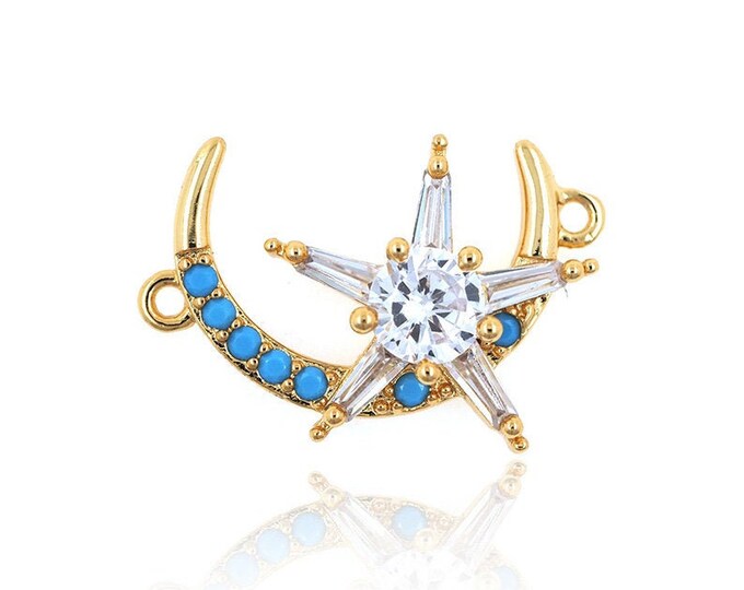 Cubic zirconia crescent moon connector,  crescent pendant, gold plated brass 14*21*4 1pcs