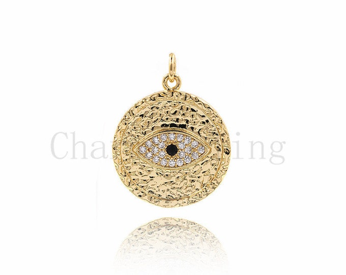 18K Gold Filled Round Eye Necklace, Eye Charm, Micropavé CZ Eye Pendant, DIY Jewelry Accessory 26x21x2mm