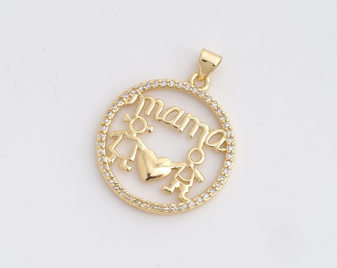 18K Gold Filled Mama Charm, Round Pendant, Micropavé CZ Heart Necklace, Word Necklace, DIY Jewelry Supplies, 32.2x25.2x1.8mm