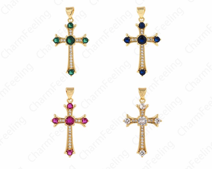 1 PCS 18K Filled Gold Cross Pendant,Religious Jewelry, Micropavé CZ Cross Charm, DIY Jewelry Making Accessories 34x19x3.7mm