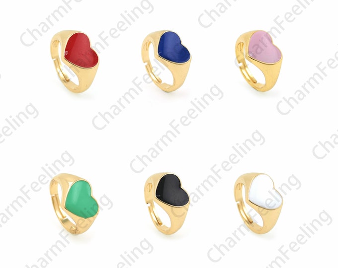 18K Gold Filled Enamel Love Heart Ring, Heart-Shaped Jewelry, Enamel Heart-Shaped Ring,Enamel Jewelry, Gold Open Ring, Adjustable Ring