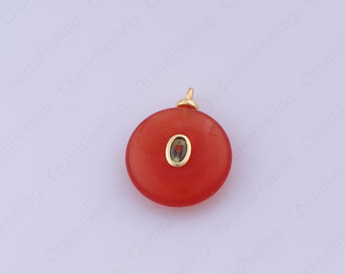 Red Agate Charm,18K Gold Filled Natural Stone Charm,Round Pendant, Micropavé CZ Round Pendant, DIY Jewelry Accessories,23x18x6mm