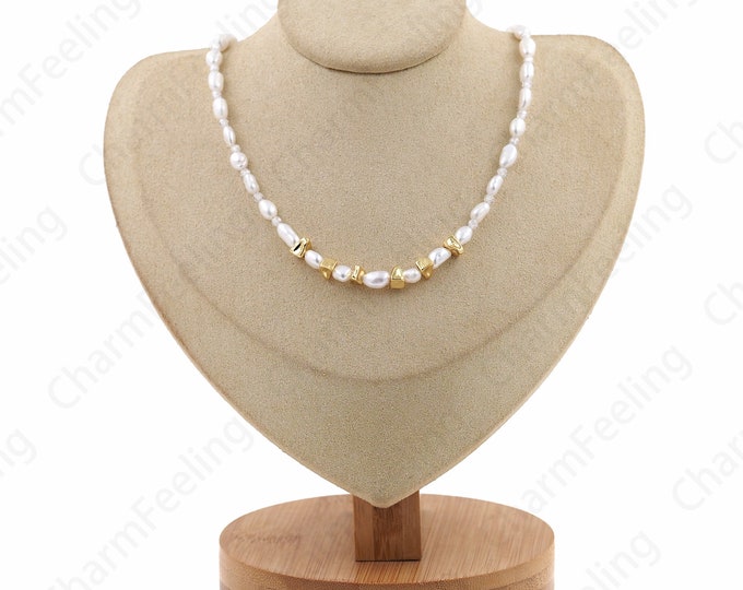 Pearl Necklace, Micropavé CZ Freshwater Pearl Necklace, 18K Gold Filled Spacer Bead Necklace, Gift For Her, Everyday Necklace, 40cm
