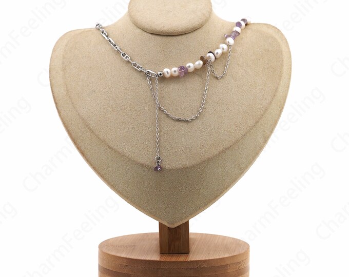Freshwater Pearl Necklace, 18K Gold Filled Spacer Bead Necklace, Micropavé CZ Dainty Eye Necklace, Gift For Her, Everyday Necklace,40cm