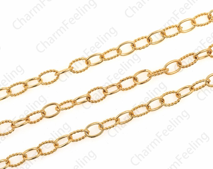 Brass Gold-Plated Chain, Twisted Chain, Exquisite Chain Necklace, Welded Link, Gold-Plated Discovery, DIY Bracelet Necklace 6x9mm 1 Meter
