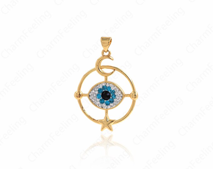 18K Gold Filled Moon Pendant, Eye Charm, Round Medallion Charm, Medallion Necklace, DIY Jewelry Making Accessories 37.7x25.7x4mm