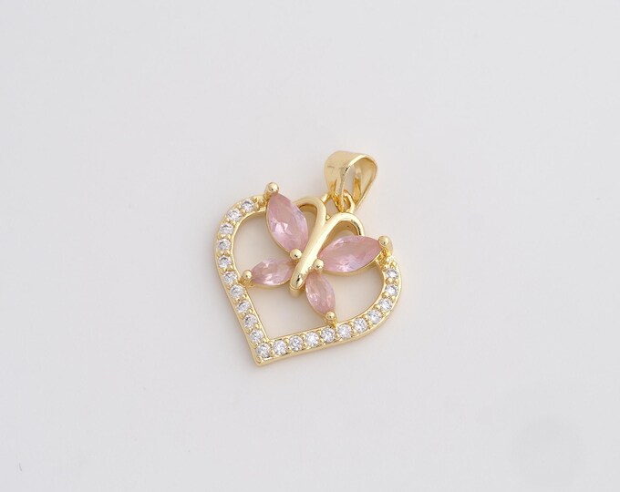 CZ Heart Pendant,Love Pendant,18K Gold Filled Butterfly Charm,DIY Jewelry Accessories,24.2x19x3.5mm