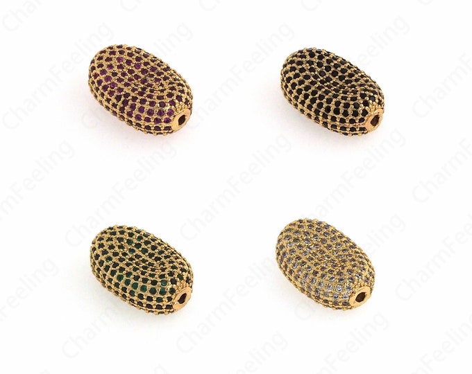 18K Gold Filled Flat Spacer Beads, Gold Hole Beads, Micropavé CZ Oval Spacer Beads, Bracelet Accessories, 19x12.5x6mm