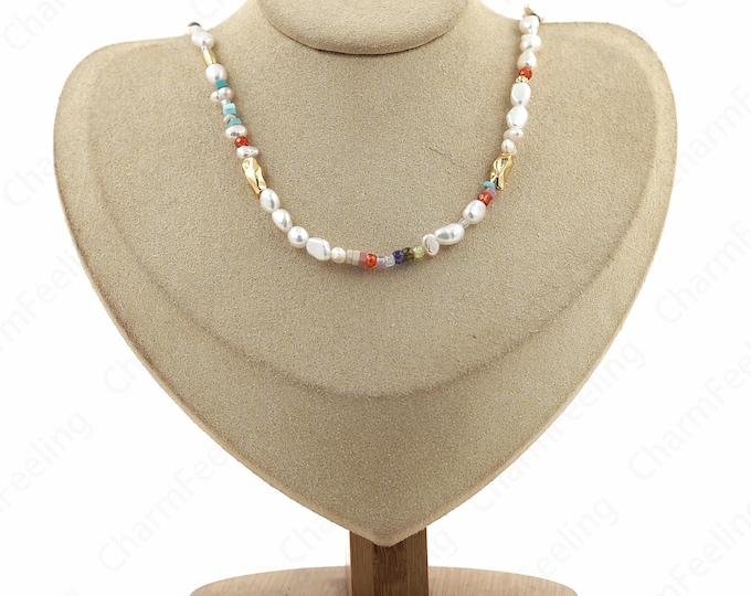 Pearl Necklace, Micropavé CZ Freshwater Pearl Necklace, 18K Gold Filled Spacer Bead Necklace, Gift For Her, Everyday Necklace, 39cm+6cm
