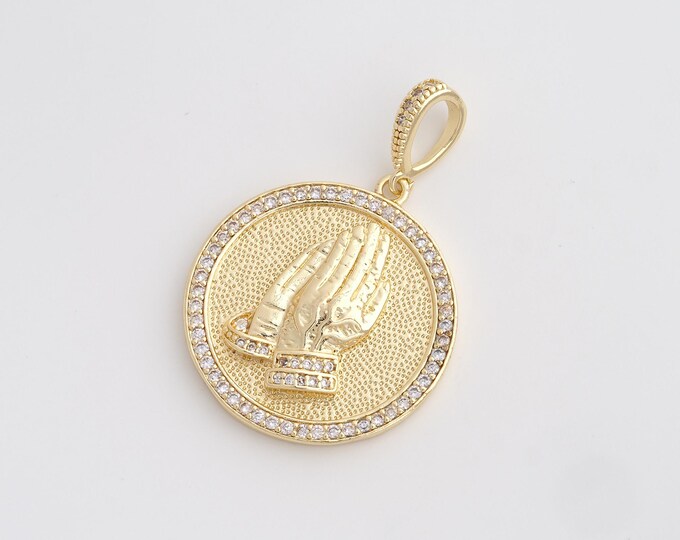 CZ Prayer Hand Pendant,Prayer Pendant,18K Gold Filled Round Charm,DIY Jewelry Accessories,43.3x29x4.8mm