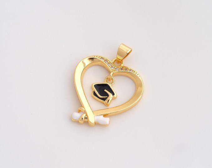 CZ Heart Pendant,Enamel Doctoral Cap Pendant,18K Gold Filled Diploma Scroll Charm,DIY Jewelry Accessories,28x21.3x3.2mm
