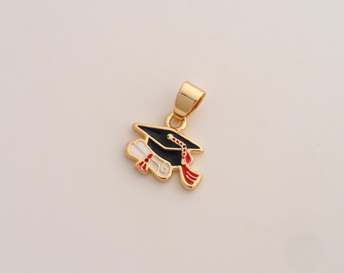 Enamel Doctoral Cap Pendant,Diploma Scroll Pendant,18K Gold Filled Doctoral Cap Charm,DIY Jewelry Accessories,18.4x14.6x2mm