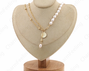 Character Necklace,Coin Pendant Necklace, 18K Gold Filled Pearl Necklace, Pearl Jewelry, Beaded Necklace, Gift for Her,40cm