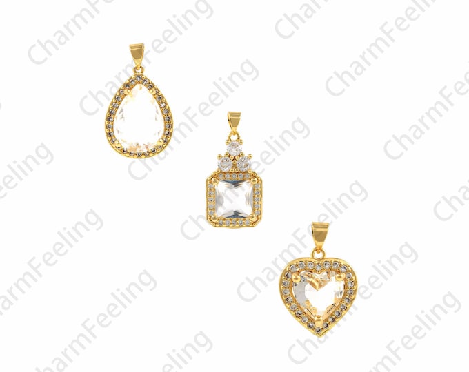 18K Gold Filled Drop Pendant,Rectangular Pendant, Heart Pendant, Micropavé CZ Rhinestone Necklace, DIY Jewelry Making Accessories