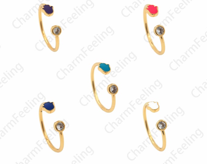 18K Gold Filled Hamsa Hand Ring, Fatima Small Hand Ring, Gold Open Ring, Adjustable Ring, Micro-Pave CZ Palm Ring