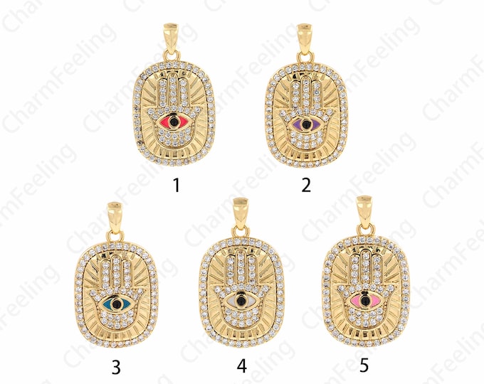 Micropavé CZ Hamsa Pendant, Hamsa Necklace, 18K Gold Filled Hand-eye Necklace, Eye Pendant, DIY Jewelry Accessories 14.6x25.5x3.3mm