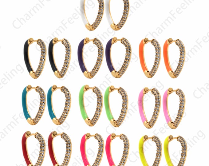 Colorful Enamel Earrings, 18K Gold Filled Round Earrings, Micropavé CZ Enamel Earrings, Multicolor Hoop Earrings, 20x22x3mm 1 pair
