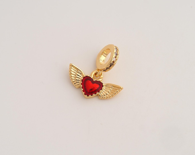 Enamel Heart Pendant,CZ Angel Wings Pendant,18K Gold Filled Love Charm,DIY Jewelry Accessories,18x17.3x2.3mm