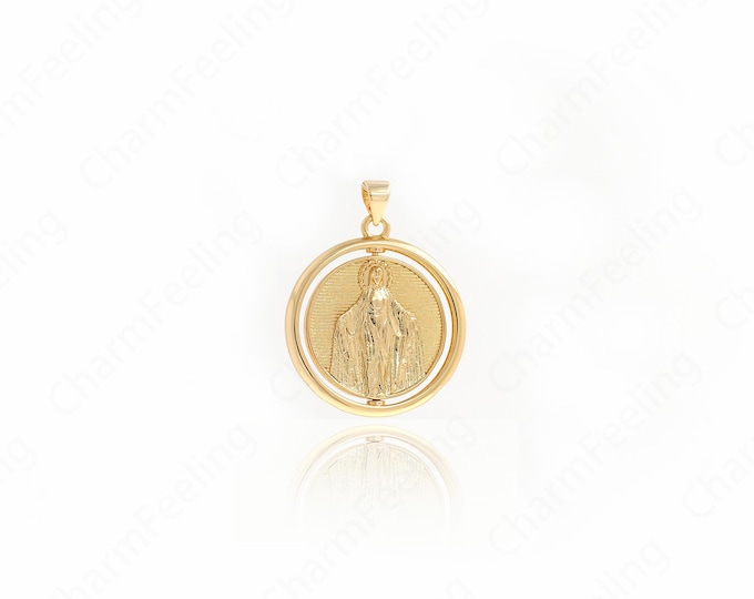 Round Madonna Charm,18K Gold Filled Religious Necklace,Micropavé CZ Fashion Pendant,DIY Jewelry Supplies,32.4x25x2.7mm