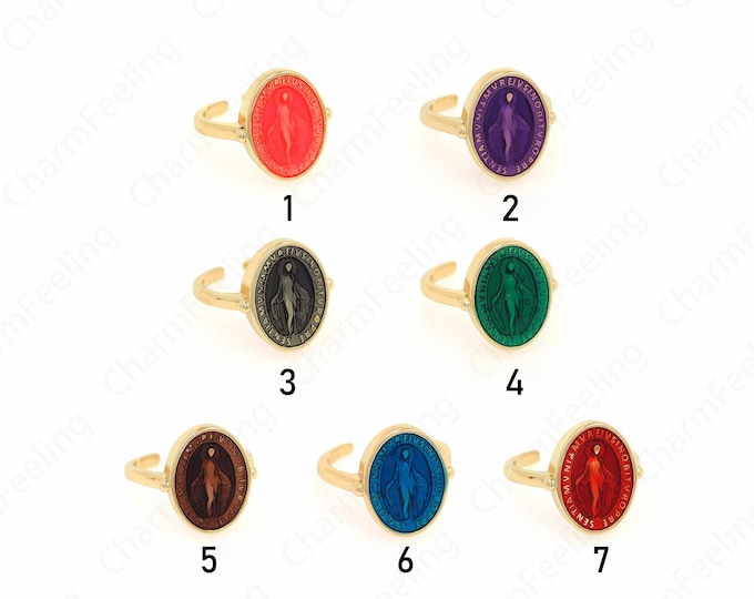 18K Gold Filled Virgin Mary Ring, Religious Ring, Enamel Charm, Miracle Medal Ring, Gold Open Ring, Adjustable Ring, Stackable Ring