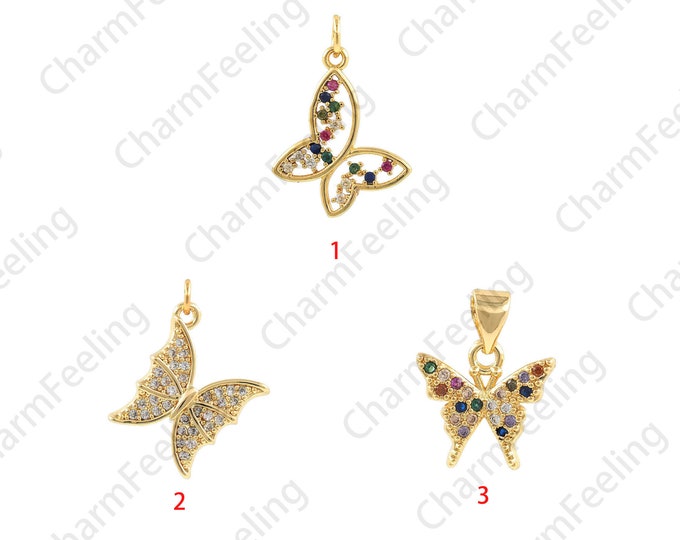 Butterfly Pendant, Micropavé CZ Butterfly Necklace, Flying Charm, 18K Gold Filled Insect Charm, DIY Jewelry Accessories, 15x18x2.2mm
