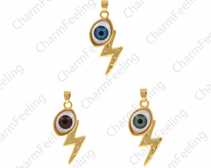 18K Gold Filled Lightning Eye Pendant, Lightning Charm,Micropavé CZ Eye Charm,Lightning Necklace,DIY Jewelry Making Accessories,15.5x43x7mm