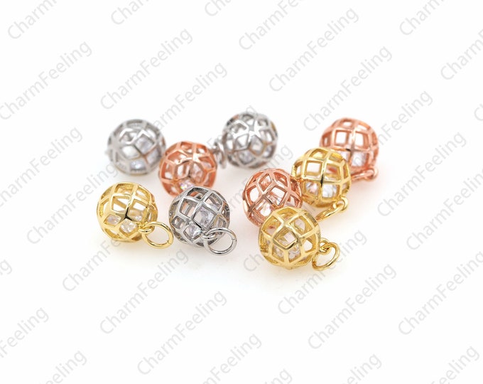 CZ Hollow Single Zircon Ball Pendant, Golden Round Pendant, Metal Copper Ball Bead 9x9x15mm 1pcs