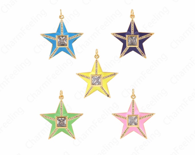 Star Charm,Pentagram Pendant,Enamel Charm,18K Gold Filled Pentagram Charm, Micropavé CZ Polaris Necklace,DIY Jewelry Supplies, 32x28.5x6.5mm