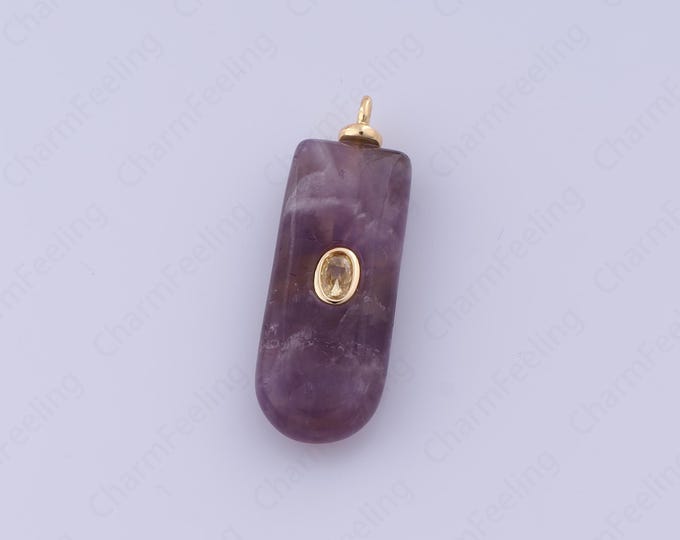 Amethyst Charms,18K Gold Filled Rectangular Necklace,Natural Stone Charm,Micropaved CZ Bar Pendant, DIY Jewelry Accessories 34.6x11.6x5.8mm