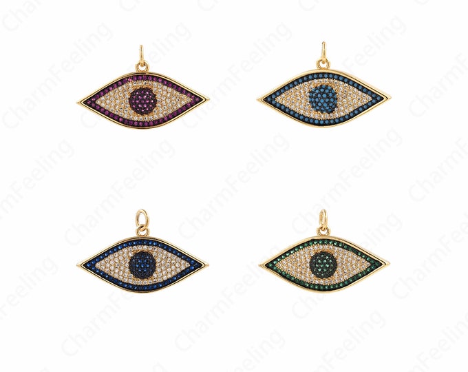 Eye Charm, 18K Gold Filled Beautiful Eye Pendant, Micropavé CZ Lucky Eye Necklace, DIY Jewelry Accessories, 19x31x5mm