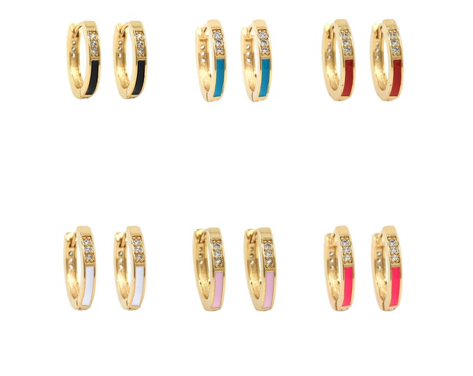 1 Pair,Enamel Earrings,18K Gold Filled Round Earrings, Enamel Earrings,Micropavé CZ  Multicolor Hoop Earrings, Earring Jewelry,13.5x14.5x2mm