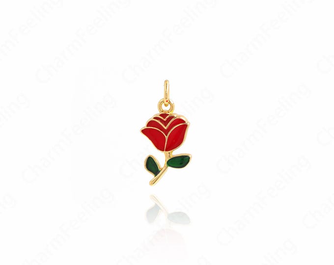 Enamel Rose Necklace, 18K Gold Filled Rose Pendant, Rose Charm, A Gift For Her,DIY Jewelry Making Accessories 20.5x10x2mm