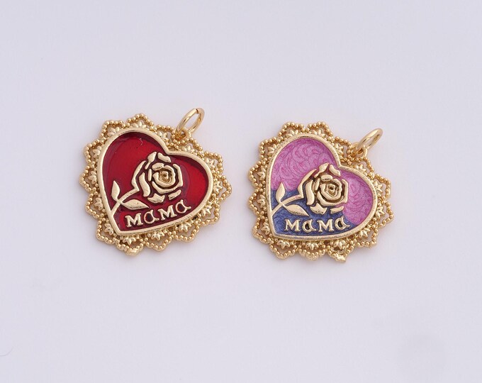 Enamel Heart Charm, Heart Rose Pendant, Botanical Charm, 18K Gold Filled Rose Charm, Love Necklace, DIY Jewelry Supplies,22x20x2mm