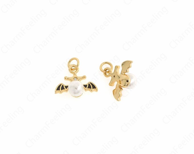 Bat Pendant, Micropavé CZ Bird Necklace, 18K Gold Filled Bat Charm,Pearl Bird Charm, DIY Jewelry Supplies, 16.6x15.7x7.1mm
