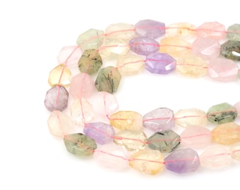 May include: A strand of faceted gemstone beads in shades of green, pink, and yellow. The beads are strung on a thin, clear thread.