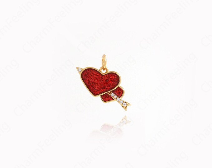 Enamel Charm, 18K Gold Filled Heart Pendant, Arrow Necklace, Arrow Heart Charm, Love Necklace, DIY Jewelry Supplies, 12.6x20.3x2.3mm