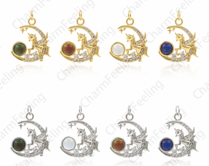 18K Gold Filled Moon Pendant, Unicorn Necklace, Micropavé CZ Unicorn Charm, Crescent Charm, DIY Jewelry Making Supplies, 25x20x4.2mm