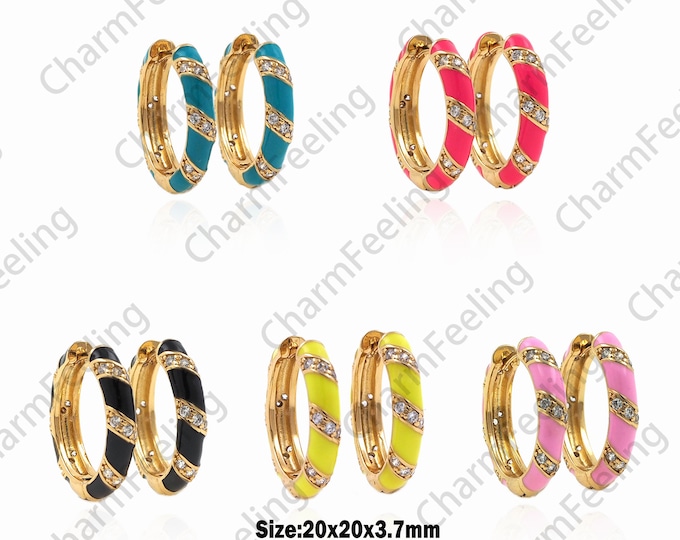 18K Gold Filled Round Earrings, Enamel Earrings, Micropavé CZ Enamel Earrings, Multicolor Hoop Earrings, Earring Jewelry 1 Pair