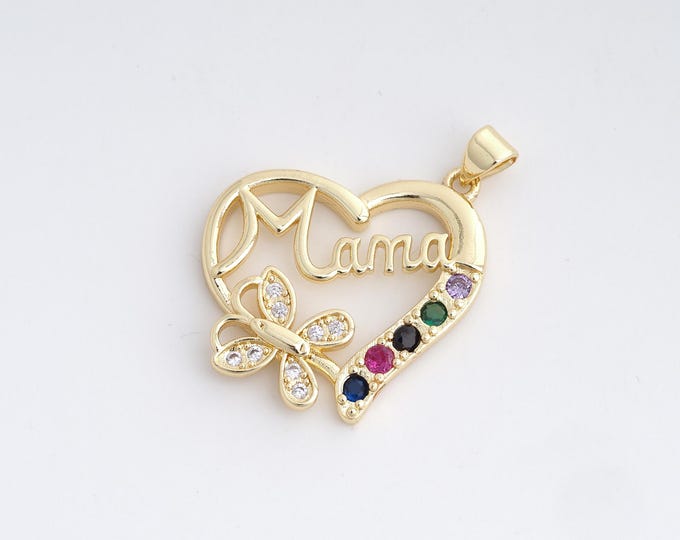 18K Gold Filled Mama Charm, Heart Pendant, Micropavé CZ Heart Necklace, Word Necklace, DIY Jewelry Supplies, 35x24.5x3.6mm