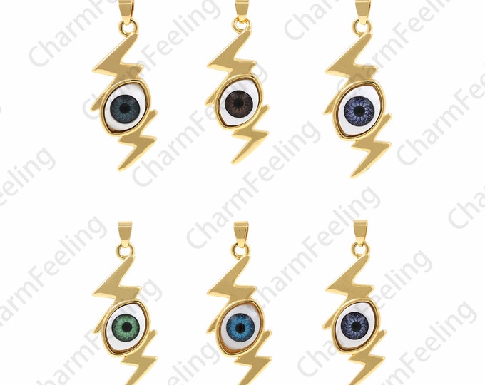 Lightning Necklace,18K Gold Filled Lightning Eye Pendant,Lightning Charm,Micropavé CZ Eye Charm,DIY Jewelry Making Accessories,17.5x48x7.5mm